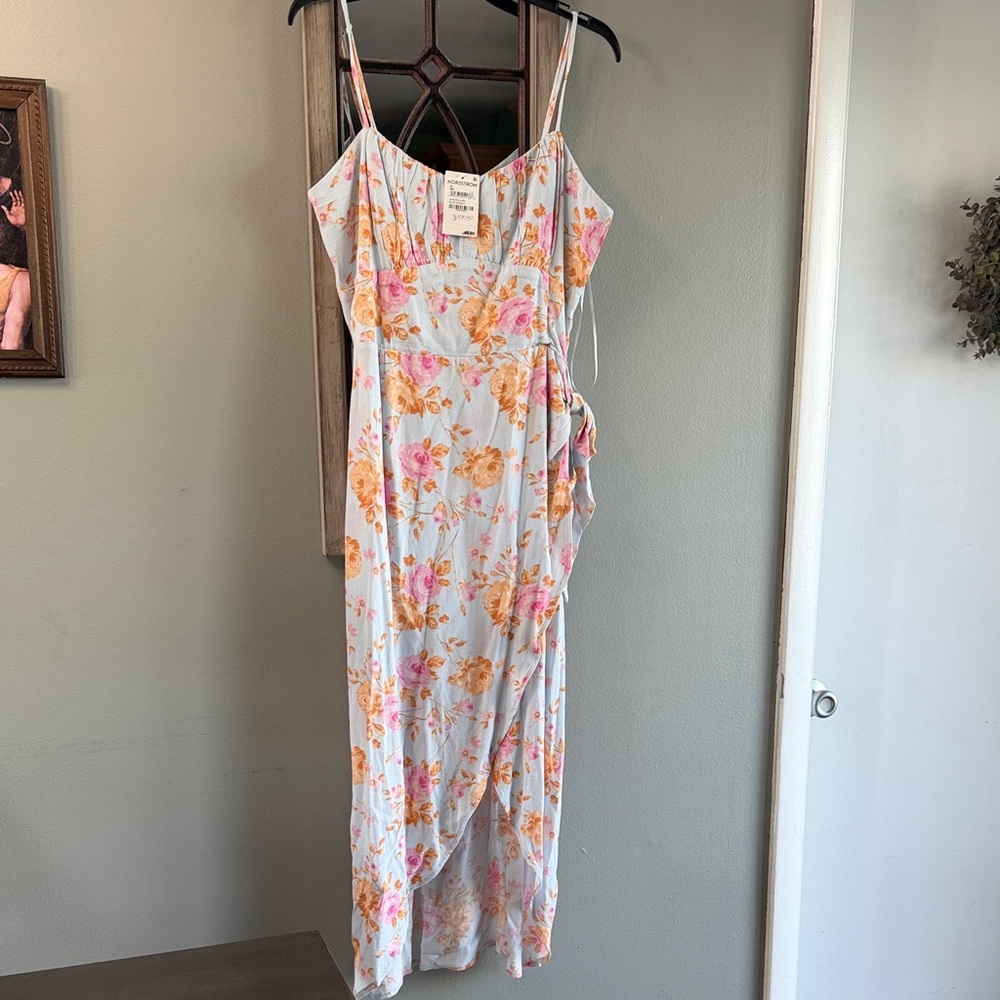 Wayf Light Blue Floral Maxi Dress with Pink & Orange Blooms